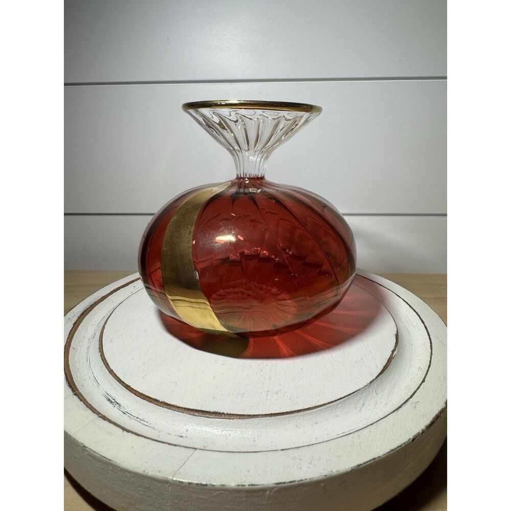 Vintage Cranberry On Clear Gold Ribbed Swirl Blown Vase
